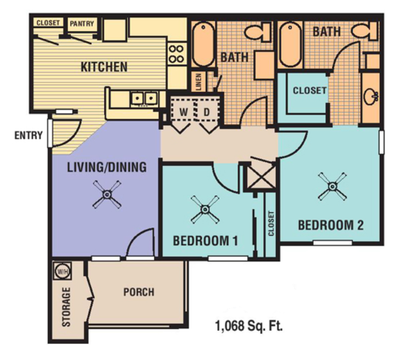 Floor plan for 2 beds, 2 baths, 1068 sqft